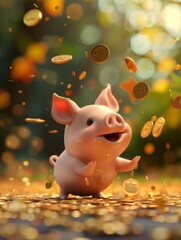 Piggy bank with falling coins. Savings and investment. Generative Ai hyper realistic 