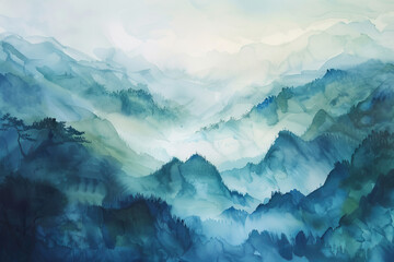 The mountains are covered in a thick layer of fog, creating a serene - obrazy, fototapety, plakaty