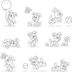 Funny little spotted puppy playing with its toys on a walk in a park, set of black and white vector cartoon illustrations for a coloring book