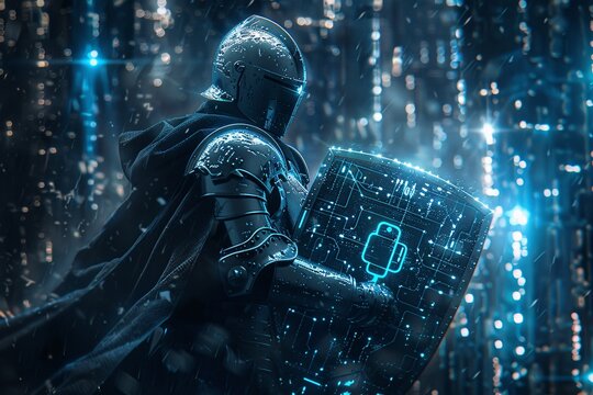 Cyber security digital machine wearing a helmet and shield stands in the misc. of digital information.