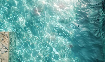 Obraz premium Capture the vibrant, crystal-clear waters of a summer swimming pool from an aerial perspective in a photorealistic digital rendering