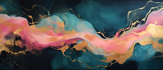 Abstract background of acrylic paint in blue, pink and yellow tones.