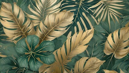 Golden Jungle: Green Plant Leaf Pattern Background with Abstract Floral Art - Nature-inspired Luxury Texture