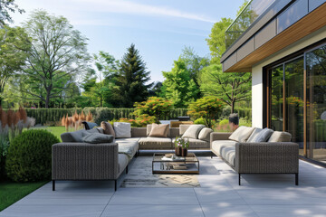 A large patio with a lot of furniture and a table with a vase on it