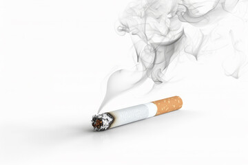 A cigarette is lit and smoking, with the smoke billowing out of the end
