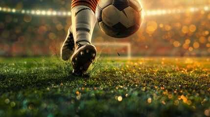 Soccer player's foot kicking the ball on the football field with a blurred stadium background, a...