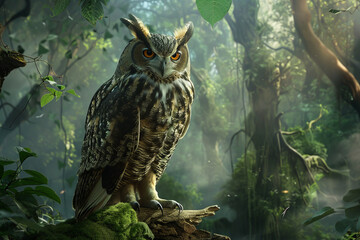 A large owl is perched on a tree branch in a lush green forest