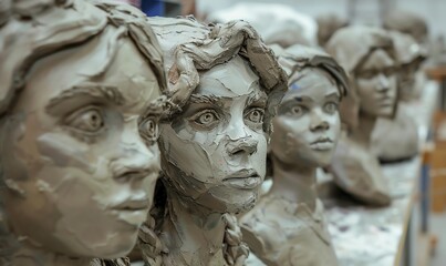Craft a clay sculpture scene featuring young people at eye level, each figure expressing a different emotion or activity Use texture and realism to bring the characters to life, Traditional Art Medium