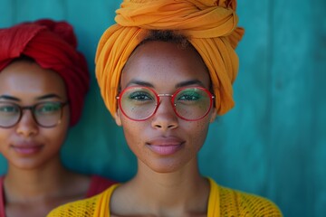 Two women with colorful headscarves and glasses - obrazy, fototapety, plakaty