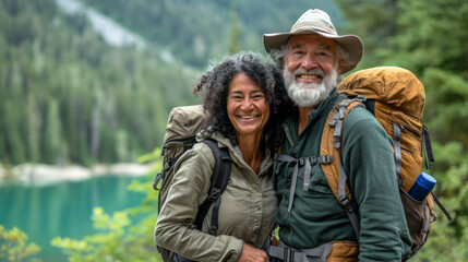 Black elderly woman and caucasian elderly man, both with backpacks, smiling in a lush forest landscape