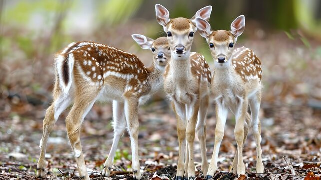 Baby deer with white tails stand in a park. They look like Bambi, the famous deer from the movie. The deer are outside in their natural habitat, and they are beautiful.