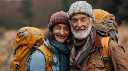 Caucasian elderly man and woman with warm hats and backpacks sharing a smile in a fall landscape