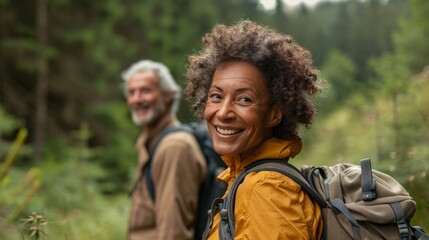 Radiant multiracial senior couple with backpacks enjoying a lush forest hike together - Powered by Adobe