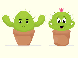 cactus couple male and female, cute cartoon cactus