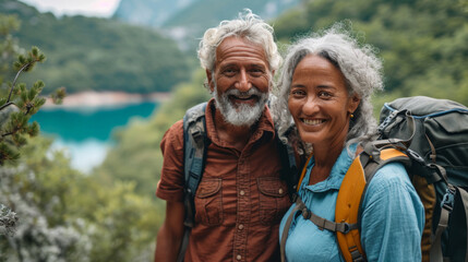 A multiracial senior couple in hiking attire smiling warmly against a scenic lake backdrop
