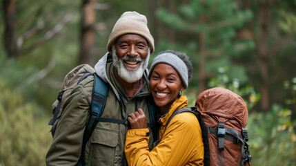A senior black couple shares a joyous moment while hiking, surrounded by lush greenery