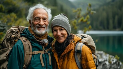 A happy caucasian elderly couple posing with backpacks by a serene alpine lake, surrounded by forest