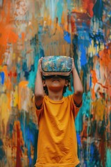 Obraz premium A young boy wearing a yellow shirt is holding a virtual reality headset