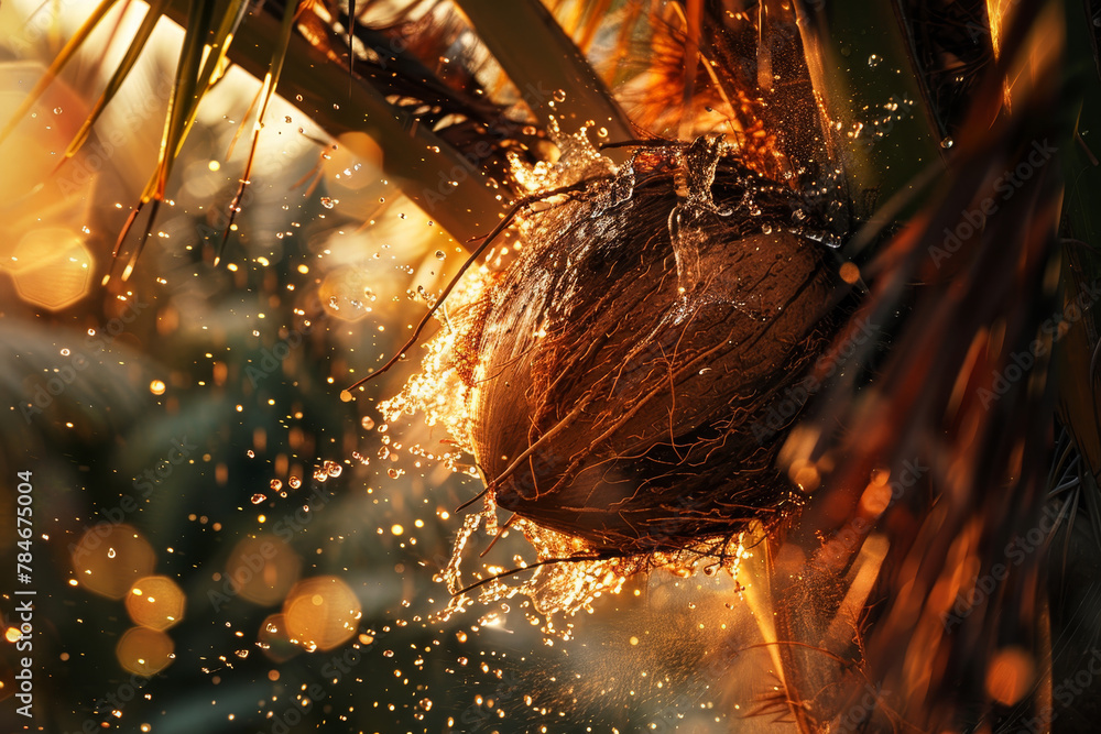 Poster a coconut is falling from a tree and splashing water