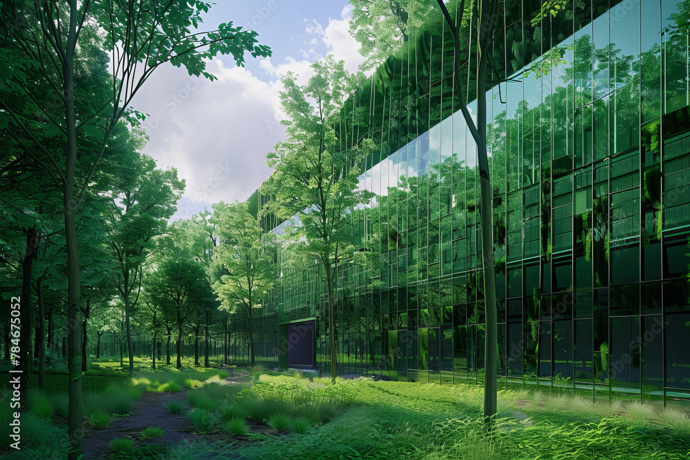 Poster a green building with a lot of trees surrounding it