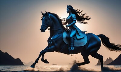 Obraz na płótnie Canvas wallpaper representing the silhouette of a rider on horseback in 3D
