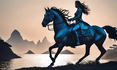 Obraz na płótnie Canvas wallpaper representing the silhouette of a rider on horseback in 3D
