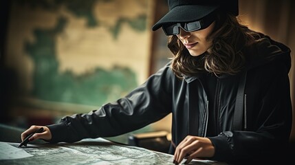 Portrait of a young woman in a hat and sunglasses with a map planning a heist. Criminal concept. - obrazy, fototapety, plakaty