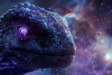 A purple dragon with glowing eyes is staring at the camera