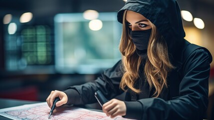 Portrait of a young woman in a hat and sunglasses with a map planning a heist. Criminal concept - obrazy, fototapety, plakaty