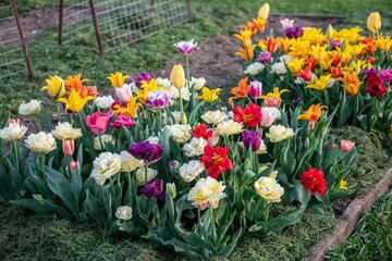 Tulpen im Garten, Blumenbeet, farbenfroh im Frühling, Frühblüher