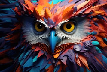 Colorful owl portrait, close-up, 3d illustration.