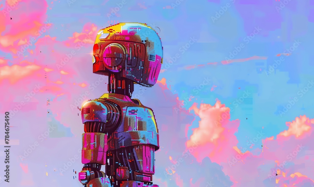 Poster craft a pixel art representation of a pixelated robot from the rear view, utilizing vibrant colors a
