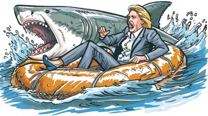 A woman in a suit is riding a raft in the ocean with a shark in the background - obrazy, fototapety, plakaty