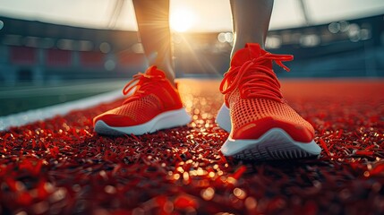A person is standing on a red track with their feet in the air
