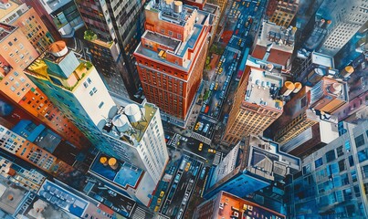 Craft a stunning Birds-eye view of a bustling cityscape in vivid watercolor, capturing the fluid motion of streets and rooftops