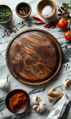 Wooden cutting board with bowls of spices and vegetables for recipe preparation
