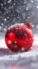 Naklejka na ściany i meble Christmas Baubles on Solid tone Surface. A panoramic image showcasing shiny baubles in vibrant colored tones reflecting a wintry setting placed on a solid surface, creating a cozy holiday scene