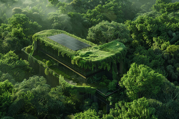 A house with a green roof and a lot of trees surrounding it - obrazy, fototapety, plakaty