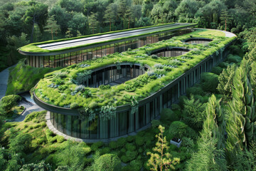 A building with a green roof and a curved design