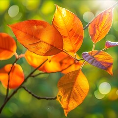 Radiant Autumn: Glowing Orange Leaves on Natural Green Background