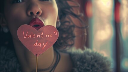 Valentine's Day. Beautiful young woman with red lips holding paper heart