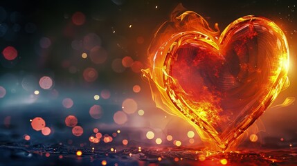 Amidst a backdrop of shimmering bokeh lights, a fiery heart burns with fervent intensity, radiating warmth and passion. The flames lick and swirl, creating a dynamic and captivating display. 