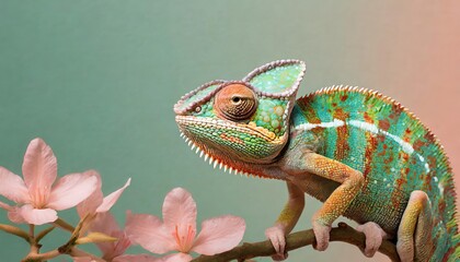 Obraz premium chameleon appears aggressive in profile isolated pastel background Copy space 
