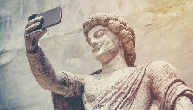 Antique stone statue taking selfie on phone , concept of Vintage art