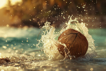 A coconut is floating in the ocean water - Powered by Adobe