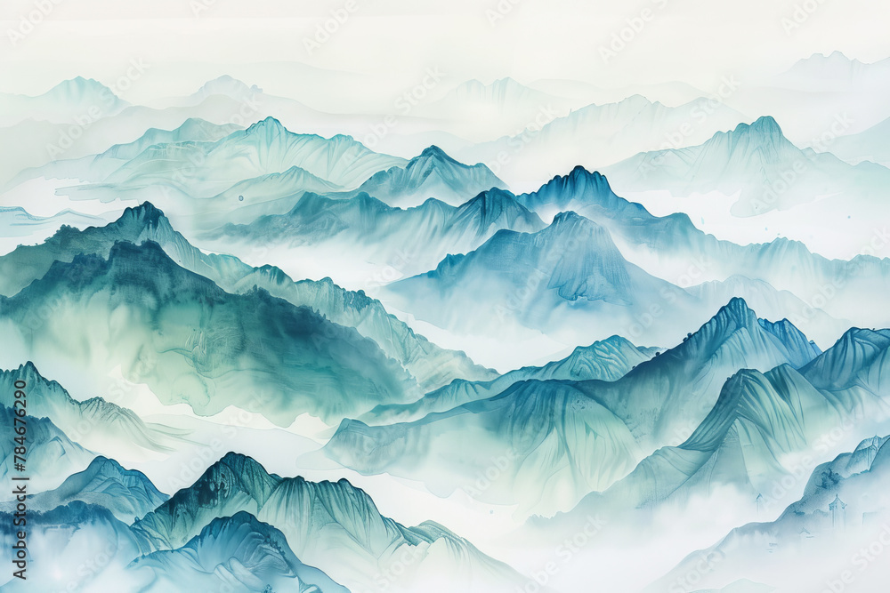 Poster the mountains are covered in a thick layer of fog, creating a serene