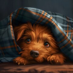 Cozy Canine Comfort: Red Dog Relaxing Under Checkered Blanket