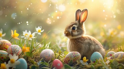 Fototapeta na wymiar пасхальная открытка , кролик , яйцо расписное , трава корзина