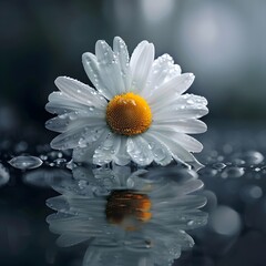 Reflective Petals: Daisy Flower Close-Up Captured in Droplets