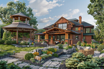 A Craftsman home in a suburban setting with a mix of brick and wood construction, detailed landscaping, and a backyard gazebo, reflecting family-friendly design.